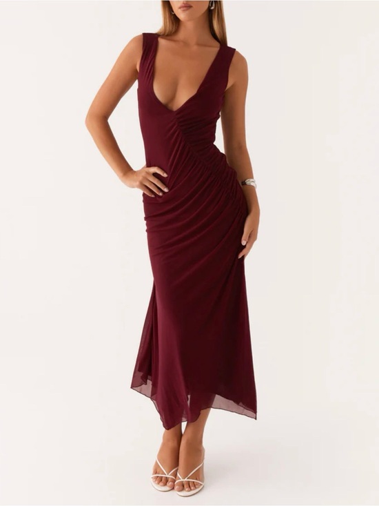 Peppermayo Dresses & Skirts - Peppermayo Burgundy Deep V Ruched Maxi Dress